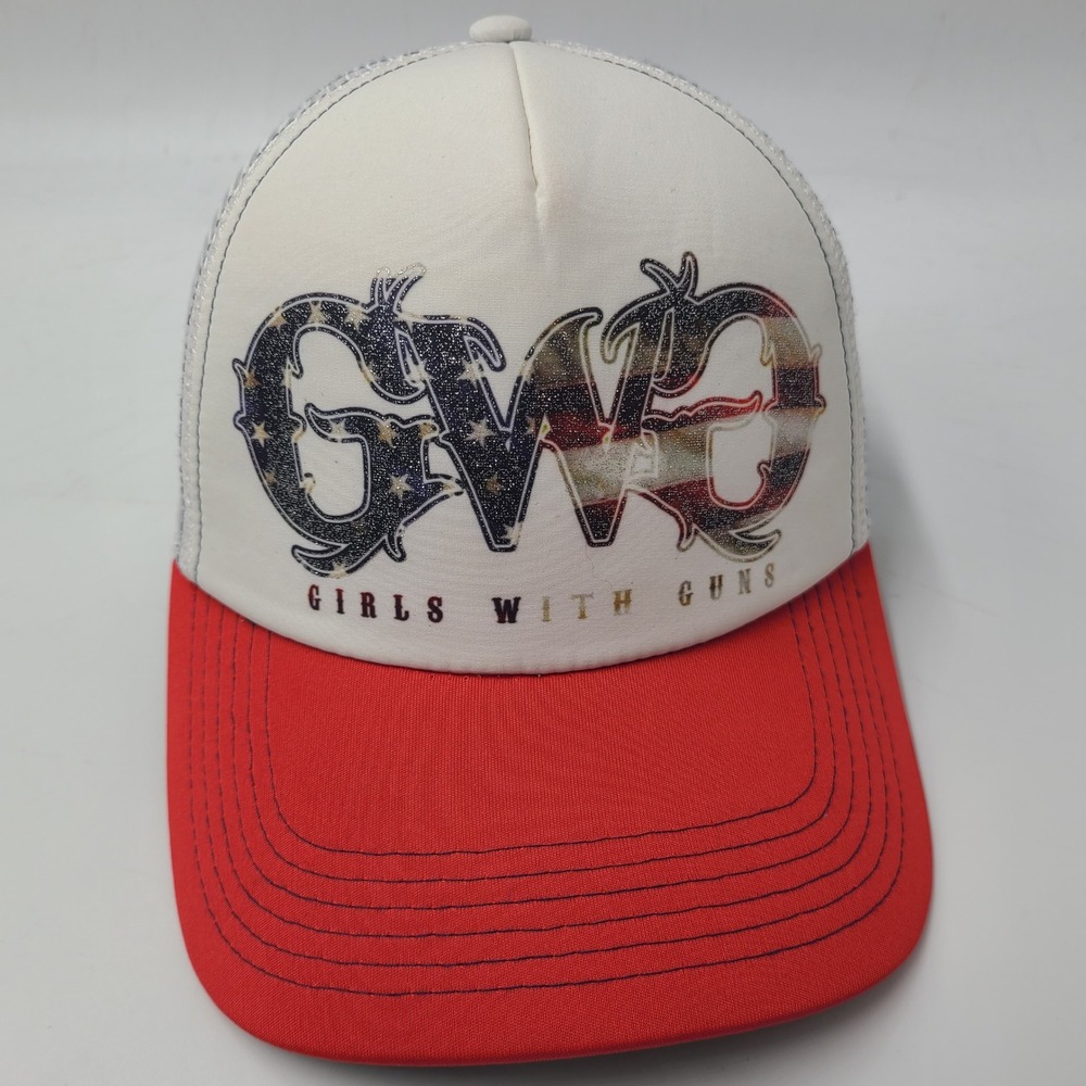 Women Girls With Guns Hat Snapback Trucker Mesh White Red USA Hunt Sparkle Logo